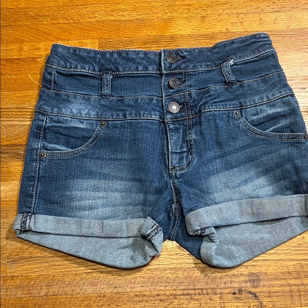 Mossimo Supply Co. Juniors 7 Blue Denim Jean High Waist 3 Button Cuffed‎ Shorts